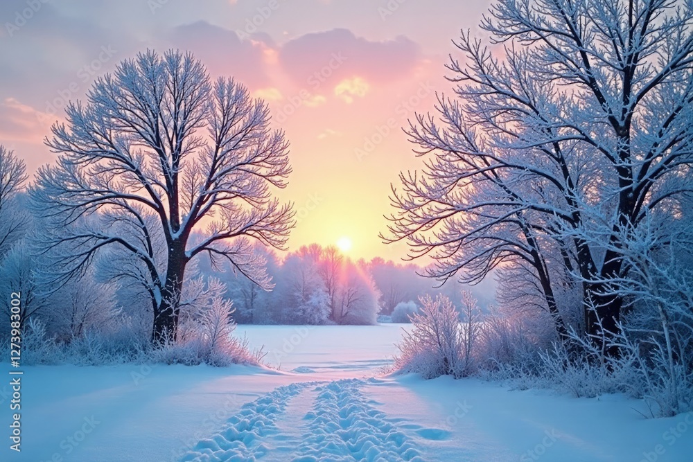 Naklejka premium Icy branches of bare trees against a frosty morning sky, snow-covered trees, bare tree branches, winter solstice scene