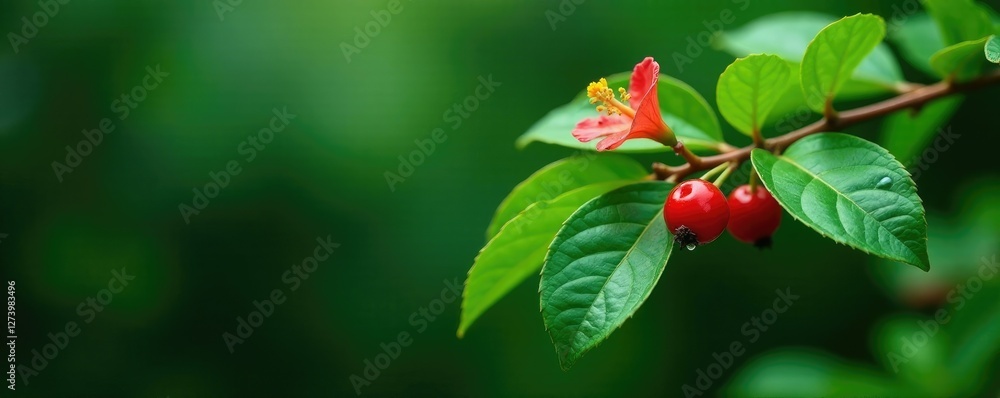Green wet leaf branch with red berry and flower, flowering plant, wet leaves, floral Green wet leaf branch with red berry and flower, flowering plant, wet leaves, floral