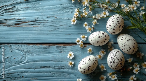 Decorative arrangement of speckled eggs surrounded by delicate flowers on a rustic blue wooden surface