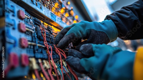 A close-up of a technicianâ€™s gloved hands connecting electrical wiring to a newly installed solar panel on a rooftop