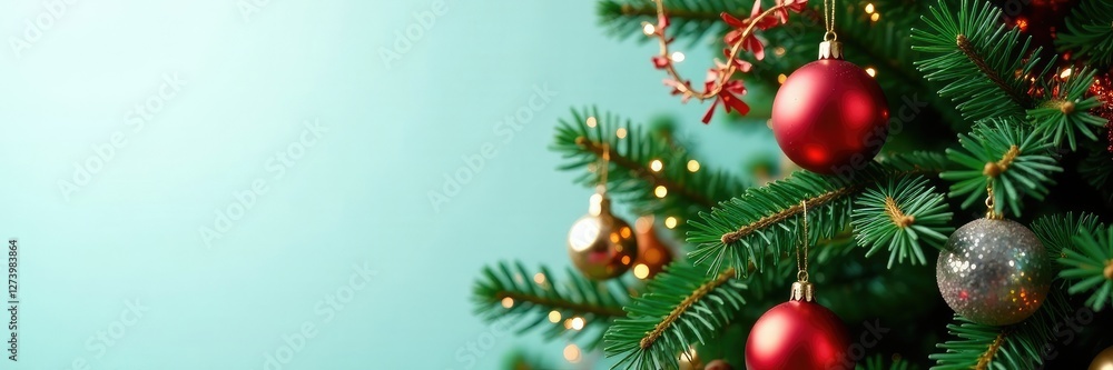 Fototapeta premium Green Christmas tree with multicolored tinsel and balls, christmas decorations, light background