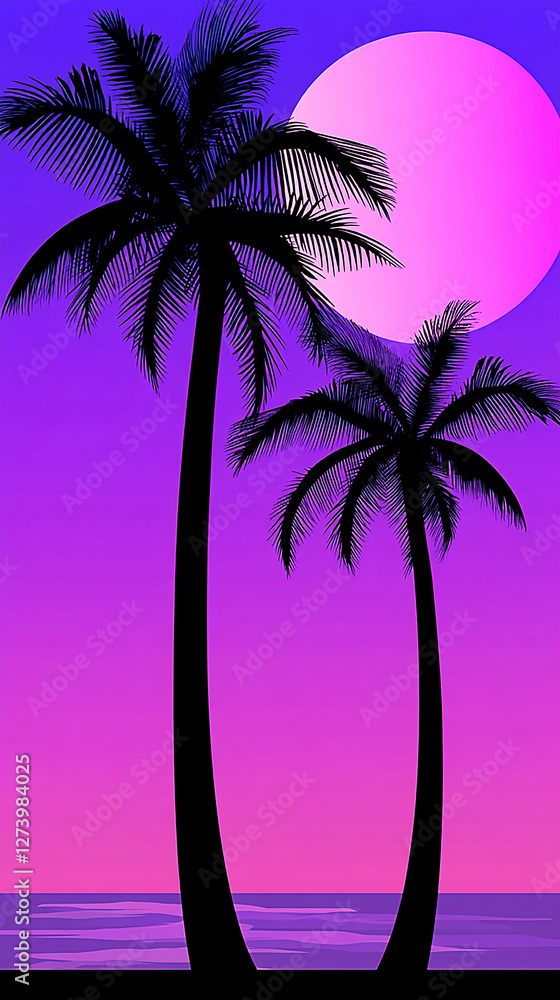 Silhouetted palm trees against a vibrant sunset sky with a large moon reflecting on water Silhouetted palm trees against a vibrant sunset sky with a large moon reflecting on water