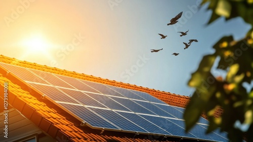 A close-up of solar panels installed on a homeâ€™s roof, capturing sunlight while birds fly in the sky above