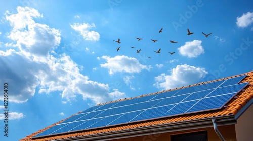 A close-up of solar panels installed on a homeâ€™s roof, capturing sunlight while birds fly in the sky above