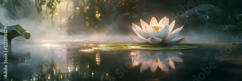 Delicate white lotus blossoms on calm water with soft mist in serene surroundings at dawn