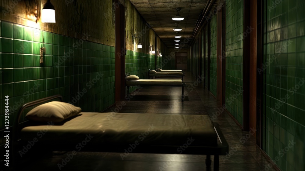 Fototapeta premium Abandoned hospital corridor with green tiled walls, empty beds, and dim lighting creating a haunting atmosphere