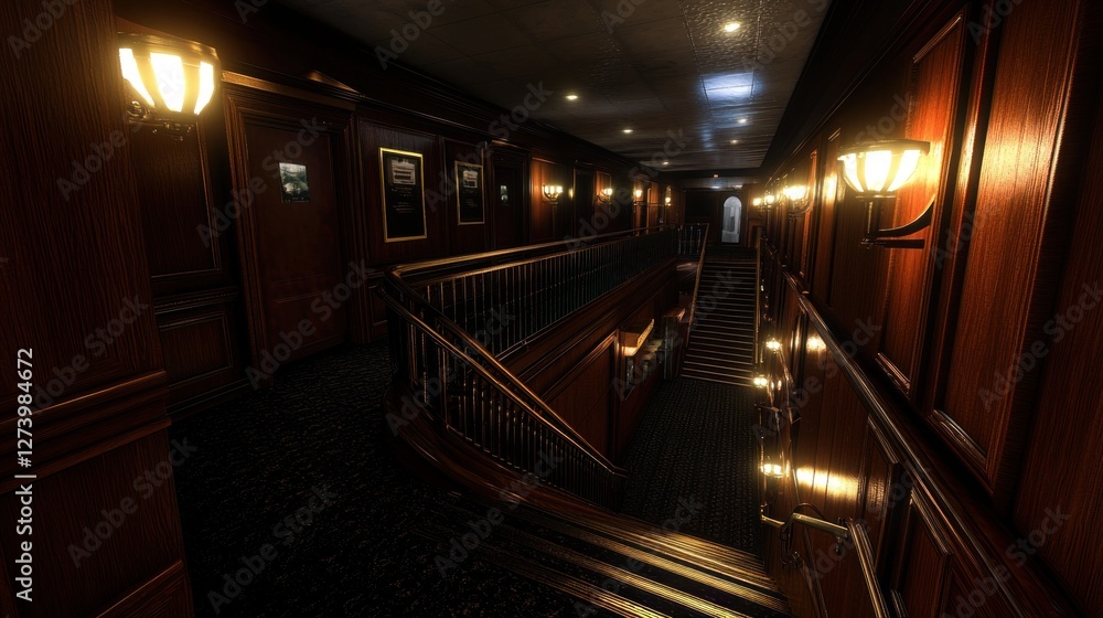 Elegant wooden staircase in a dimly lit hallway adorned with framed pictures and soft lighting Elegant wooden staircase in a dimly lit hallway adorned with framed pictures and soft lighting