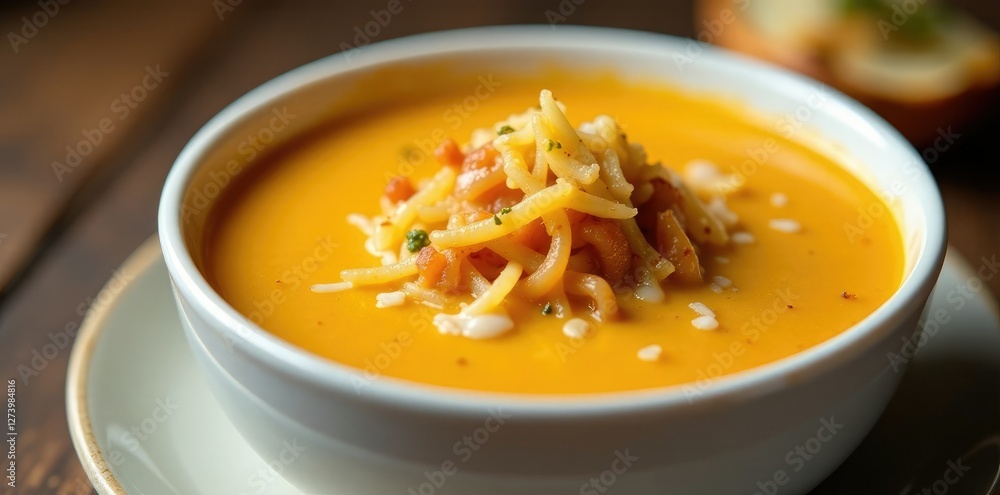 Golden soup with caramelized onions and melted cheese in a white bowl, soup, rich Golden soup with caramelized onions and melted cheese in a white bowl, soup, rich