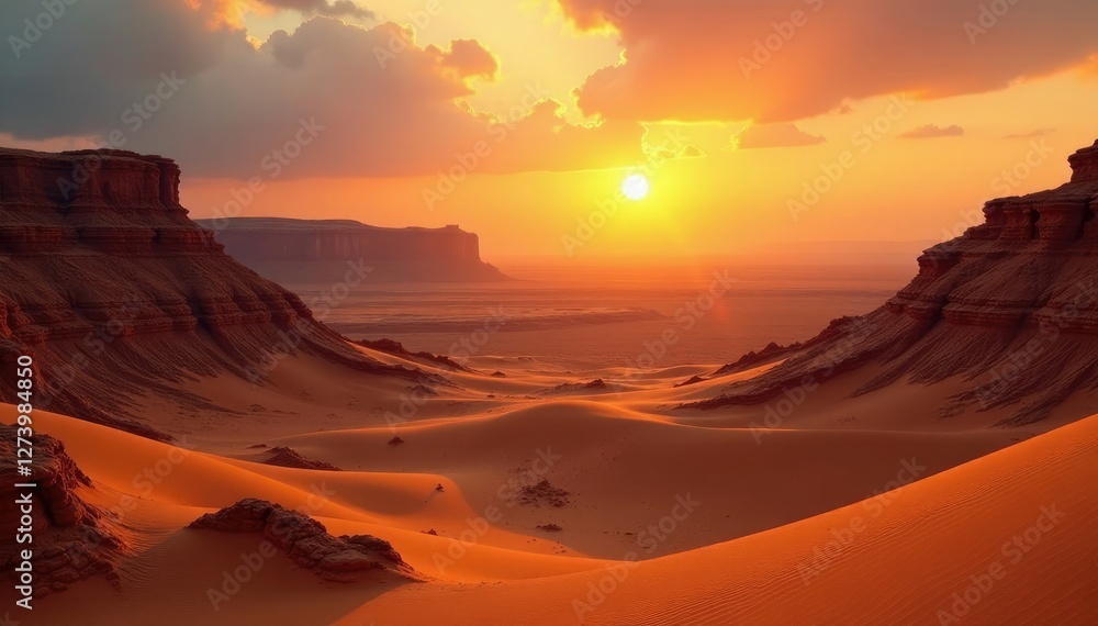 Naklejka premium Golden sunset over vast desert landscape of layered sand and mud formations, landscape, geological formation