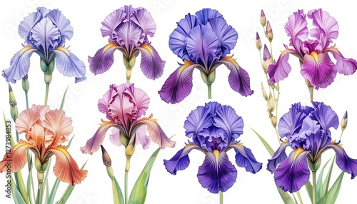 Colorful iris flowers blooming garden botanical art natural setting close-up floral beauty
