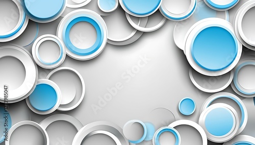 Modern minimalist abstract background with light blue and gray shapes, circles, and lines on a white background