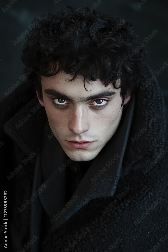 Dark haired man in a black coat intense gaze Dark haired man in a black coat intense gaze
