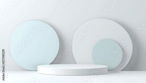 Modern minimalist abstract background with light blue and gray shapes, circles, and lines on a white background