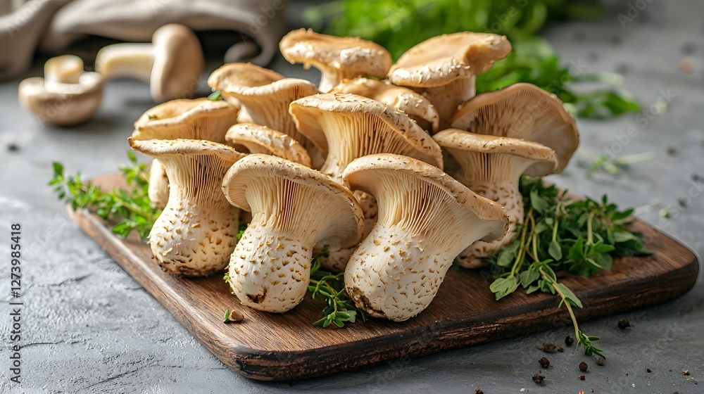 Freshness Fungus Growth, Closeup of King Oyster Mushrooms on Wooden Board with Fresh Herbs Freshness Fungus Growth, Closeup of King Oyster Mushrooms on Wooden Board with Fresh Herbs