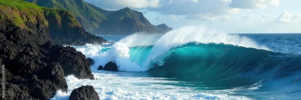 Large wave in Honolua Bay crashes against volcanic rock formations near shore, volcano, wild Large wave in Honolua Bay crashes against volcanic rock formations near shore, volcano, wild