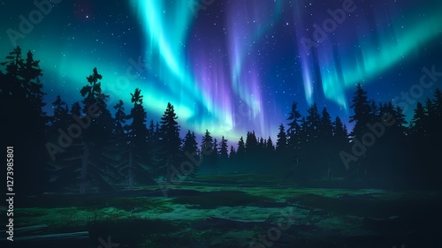 The digital landscape image depicts a serene forest with dark evergreen trees, aurora borealis, and a mesmerizing northern lights display, surrounded by grass and fallen logs in the foreground.