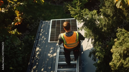 A worker in a reflective vest carrying a large solar panel up a ladder to install it on a sloped house roof