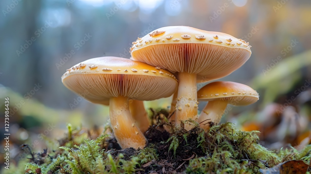 Freshness Fungus Growth, Giant Mushrooms in a Surreal Landscape with Selective Focus Freshness Fungus Growth, Giant Mushrooms in a Surreal Landscape with Selective Focus