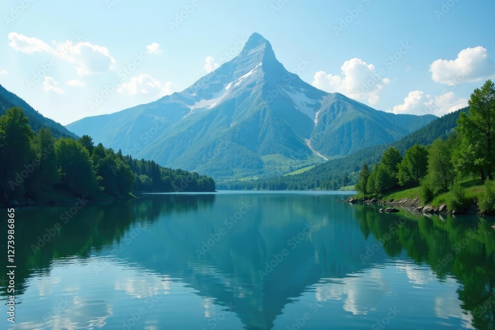 Mountain peak with lush greenery and serene lake, mountain, natural scenery, trees Mountain peak with lush greenery and serene lake, mountain, natural scenery, trees