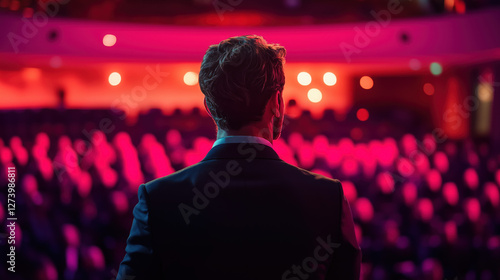Excited entrepreneur presenting an innovative business idea on stage at a major startup forum