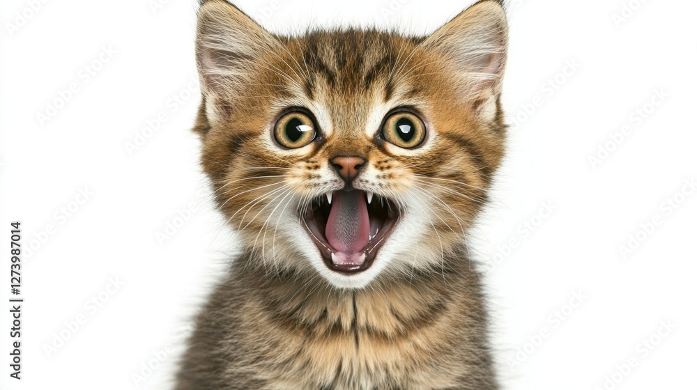 Close Up Kitten with Brown and Black Fur Mouth Open on White Background Close Up Kitten with Brown and Black Fur Mouth Open on White Background