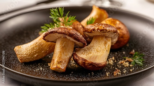 Freshness Fungus Growth, Beautifully Presented Porcini Mushrooms Dish on Dark Ceramic Plate in Fine Dining Setting