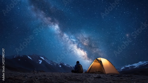 Man sitting in front of tent under starry sky gazing at milky way in remote mountain area