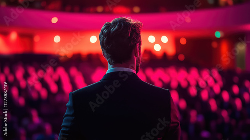 Excited entrepreneur presenting an innovative business idea on stage at a major startup forum photo