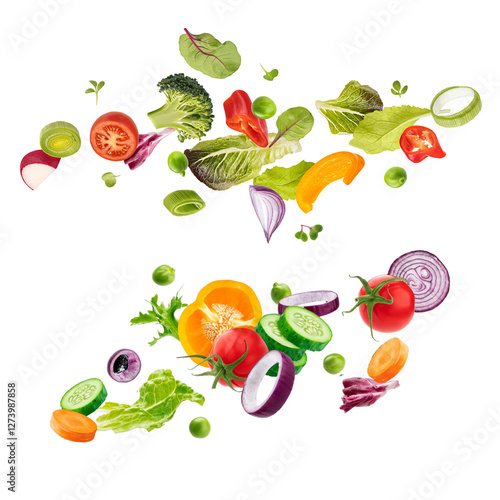 A group of vegetables flying in the air isolated on transparent background