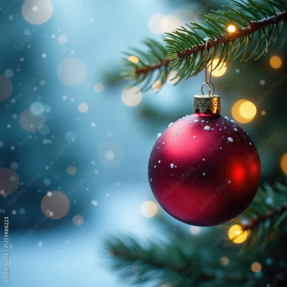 Red glass ornament on a branch with twinkling lights, winter wonderland, festive lights, holly Red glass ornament on a branch with twinkling lights, winter wonderland, festive lights, holly