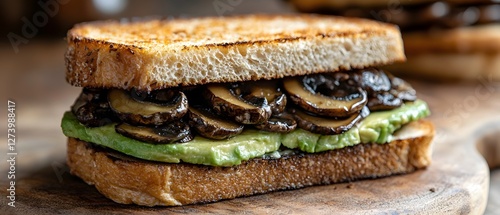 Freshness Fungus Gourmet, Open-Faced Sandwich with Sauted Mushrooms and Avocado on Toasted Sourdough Bread photo