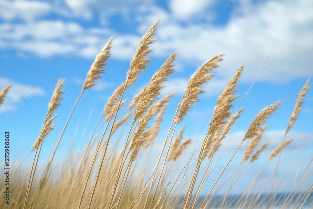 Tall brown grasses swaying from the strong winds with white clouds, eco-friendly nature photography, green ecosystem Tall brown grasses swaying from the strong winds with white clouds, eco-friendly nature photography, green ecosystem