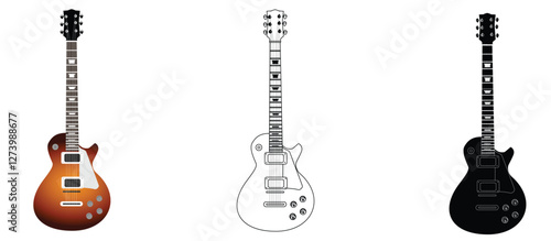 electric guitar icon with three types,colored model,outline type and silhouette type,musical instrument,vector illustration on white background.