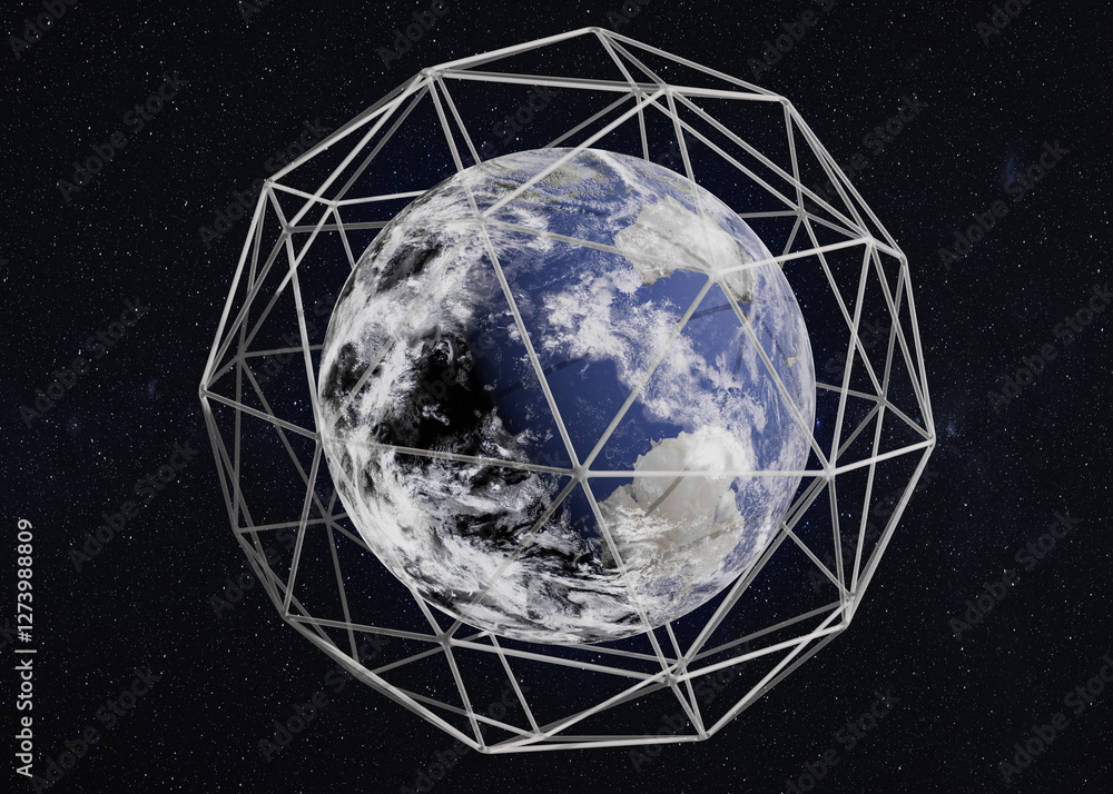 Earth planet of solar system with gray colored light cage around it. Global data exchange and planetary protection concept. Elements of this 3D rendered illustration where furnished by NASA.