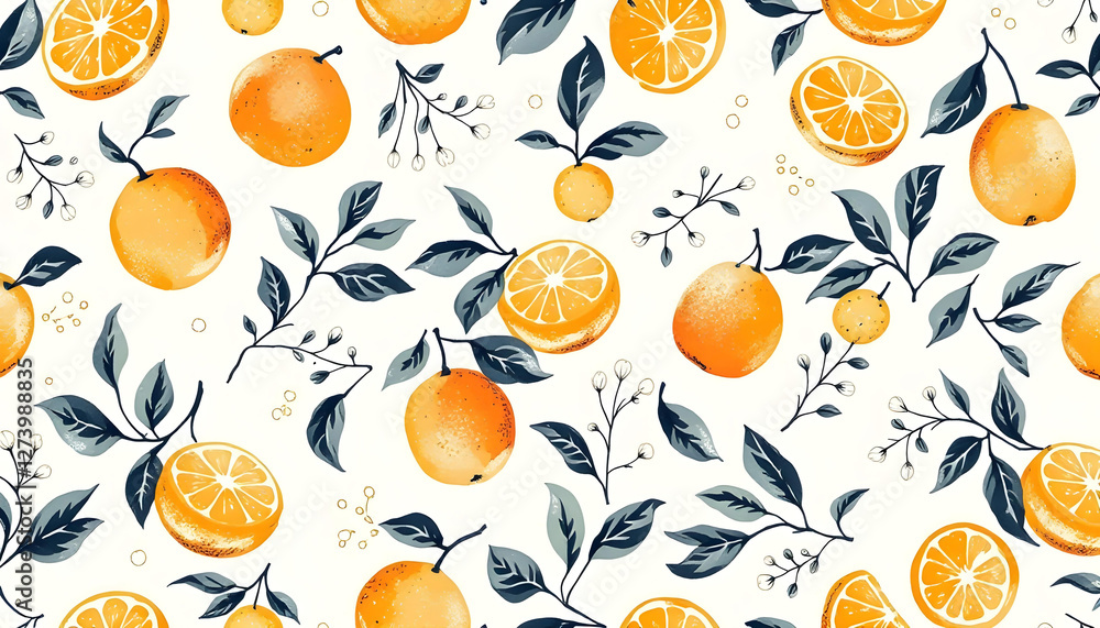 A modern seamless pattern featuring stylized oranges with vibrant citrus fruits and green leaves for textiles A modern seamless pattern featuring stylized oranges with vibrant citrus fruits and green leaves for textiles