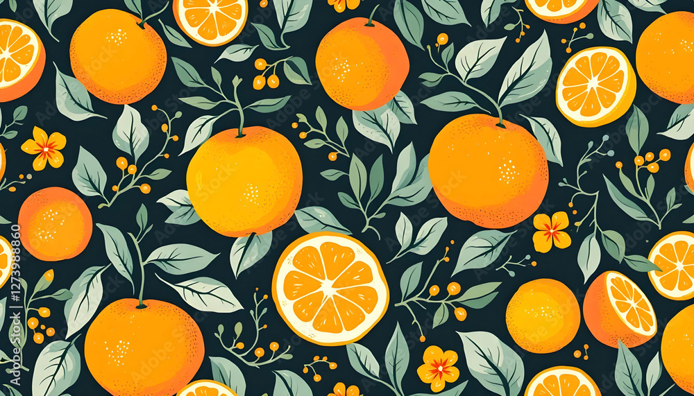 A cheerful and contemporary aesthetic with vibrant citrus fruits and delicate leaves in a seamless pattern A cheerful and contemporary aesthetic with vibrant citrus fruits and delicate leaves in a seamless pattern