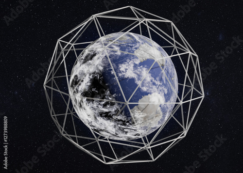 Obraz na płótnie Earth planet of solar system with gray colored light cage around it. Global data exchange and planetary protection concept. Elements of this 3D rendered illustration where furnished by NASA. w salonie