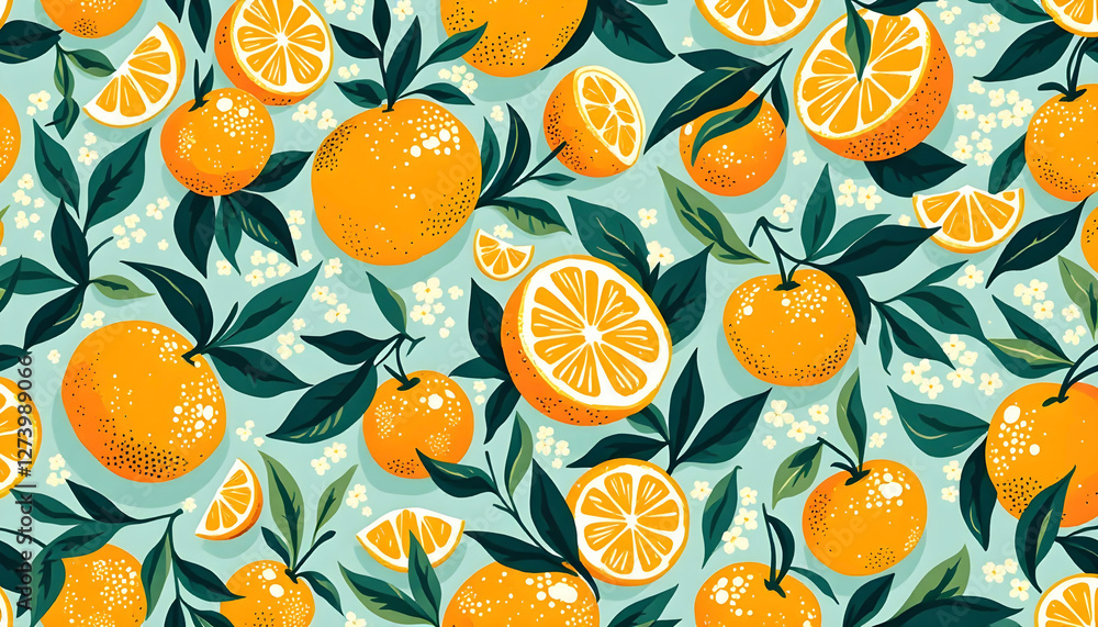 Hand-drawn oranges with playful details and fluid lines creating a seamless pattern for cheerful surfaces