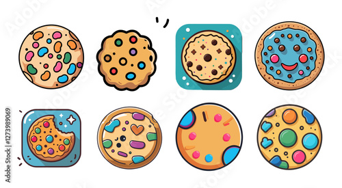 Icons sets collection of colorful, cartoon style cookies with various toppings and designs, including chocolate chips, candy pieces, and icing decorations, set against a white background