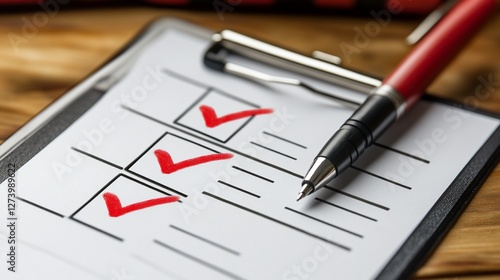 Wallpaper Mural Checklist clipboard with pen, showing completed tasks on wooden surface. Torontodigital.ca