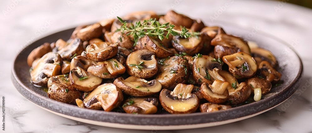Freshness Fungus Gourmet, Sauted Mushrooms with Garlic and Butter, Garnished with Fresh Thyme on Rustic Wooden Plate Freshness Fungus Gourmet, Sauted Mushrooms with Garlic and Butter, Garnished with Fresh Thyme on Rustic Wooden Plate