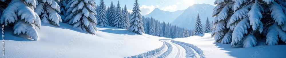 Obraz premium Snowy alpine terrain with ski trail winding through trees, snowflake, forest, natural