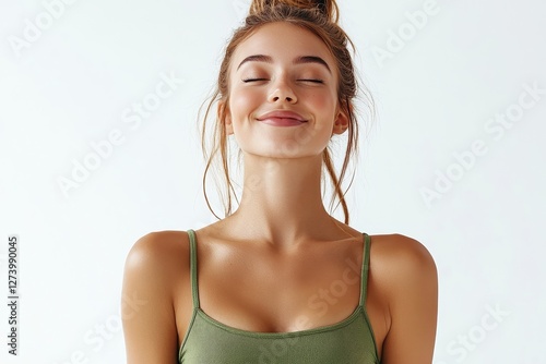 Young happy slim woman with fit body shape posing in green top bra and panties isolated on white background, studio shot, full length