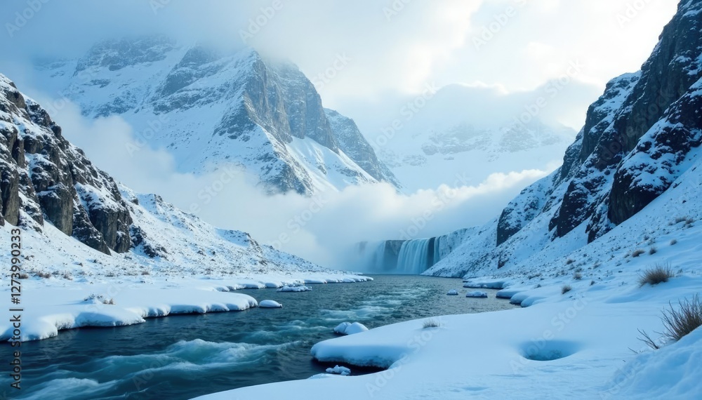 Snowy mountain range with frozen waterfalls and misty fog, crystal clear, mist Snowy mountain range with frozen waterfalls and misty fog, crystal clear, mist