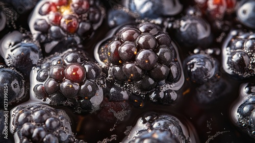 Close-up of blackberries and blueberries, wet, glistening, delicious.  Possible use Food, recipe, healthy snack photo