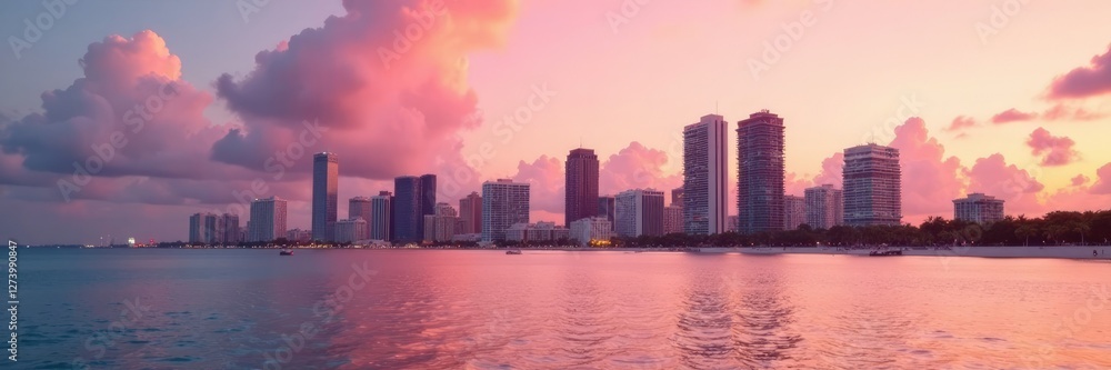 Soft pink and peach tones on Miami's skyline at sunset, soft colors, peach, pastel hues Soft pink and peach tones on Miami's skyline at sunset, soft colors, peach, pastel hues