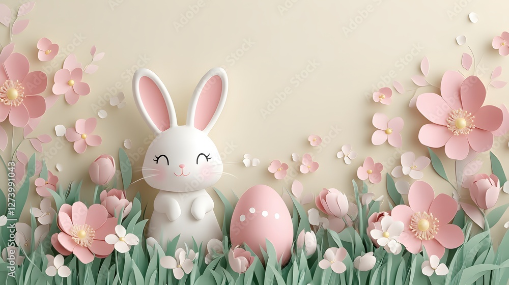 Obraz premium Charming Easter Scene with Cute Bunny Pink Egg and Paper Flowers in a Pastel Color Palette