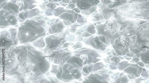 Abstract water texture with transparent ripples and reflections on a light white and gray water surface, viewed from the top. This high-definition, ultra-detailed image represents a serene and calm su