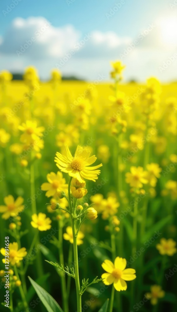 Sunny field of bright yellow rapeseed flowers swaying gently in the breeze, spring, field, wildflowers Sunny field of bright yellow rapeseed flowers swaying gently in the breeze, spring, field, wildflowers