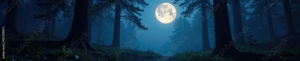 The silver glow of the full moon illuminates the dark forest floor, lunar glow, darkness The silver glow of the full moon illuminates the dark forest floor, lunar glow, darkness